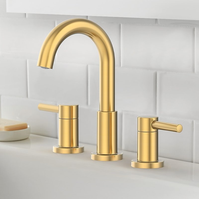 allen + roth harlow brushed gold widespread 2-handle watersense mid-arc residential handle bathroom sink faucet with drain