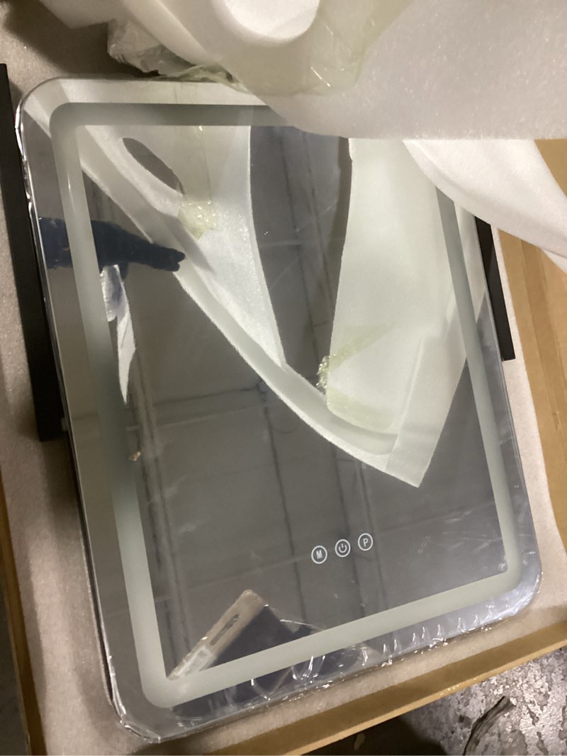 Condition photo showing As Is for FENNIO Vanity Mirror with Lights 19"x22" - LED Lighted Makeup Mirror,Large Makeup Mirror with Lights,Touch Screen with 3-Color Lighting,Led Mirror Makeup,Dimmable, for Vanity Desk Tabletop, Bedroom Black 22"L x 19"W