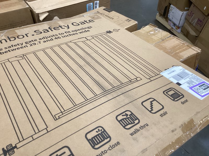 Condition photo showing As Is for cumbor 29.7-46" baby gate for stairs, toddler safety essentials for the house, auto close dog gate for doorways, mom's choice awards winner-easy install pressure mounted pet gates for dogs, white white 29.7"-46"w x 30.5"h
