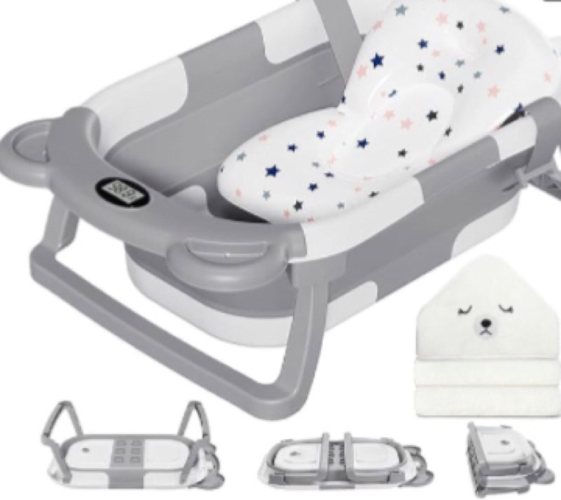 MoreFeel Collapsible Baby Bathtub for Newborn with Thermometer & 1 Hooded Towel & 1 Soft Floating Cushion,Portable Travel Bathtub with Drain Hole, Durable Foldable Baby Tubs for Infants to Toddler