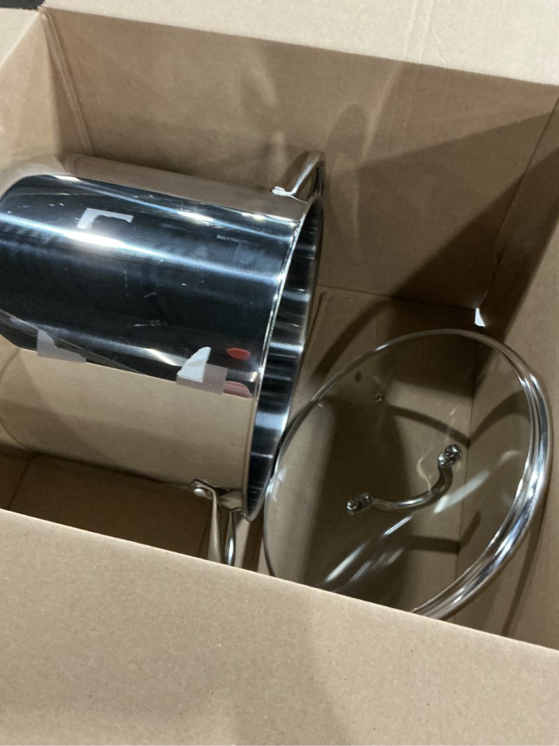 Condition photo showing Good Condition for Stainless Steel Stockpot with Tempered Glass Lid 16 Quart, Durable 18/0 Stainless Steel, Impact-Bonded Base for Even Heating, Riveted Handles, Oven & All Stove Compatible, Safe Up To 500°F (260°C) 16 Quarts