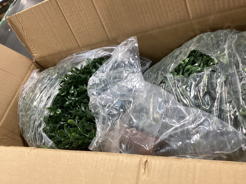Condition photo showing Good Condition for Artificial Boxwood Ball Bush 27" Tree UV Resistance Rated with Spike. Easy to Push in The Ground.Plant Looks Great in a Planter Anywhere. Indoor/Outdoor Decor 2 Pack Boxwood Green 2