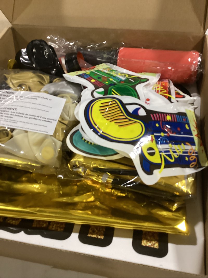 Condition photo showing Good Condition for Party Spot! New Year Eve Decorations-Black and Gold Foil Square Balloon Backdrop Wall,2026 Balloon Boxes With Stickers, "2026 HAPPY NEW YEAR" Foil Balloons,Handheld Confetti Poppers 171 pcs