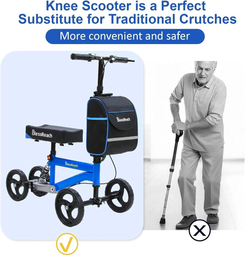 blessreach steerable knee scooter deluxe medical scooter for foot injuries compact crutches, with dual rear on-wheel brake and shock absorption under the knee pad?blue?