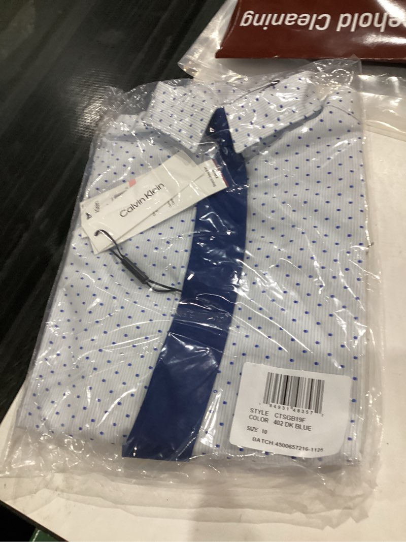 Condition photo showing New/Like New for Calvin Klein Boys Long Sleeve Button-Down Collared Dress Shirt with Tie and Chest Pocket 10 Blue Dot