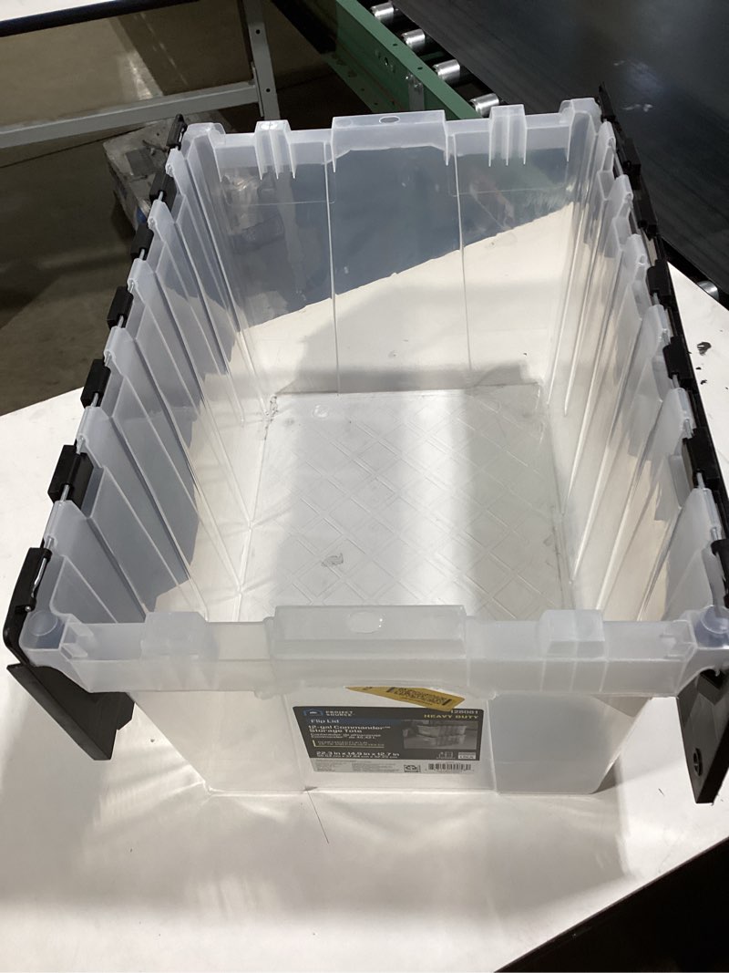 Condition photo showing As Is for Style Selections 12-Gallon Clear Tote with Hinged Lid