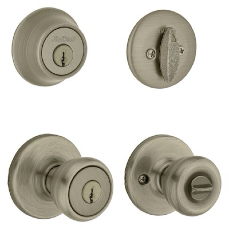 kwikset tylo antique brass exterior single-cylinder deadbolt and keyed entry door knob combo pack