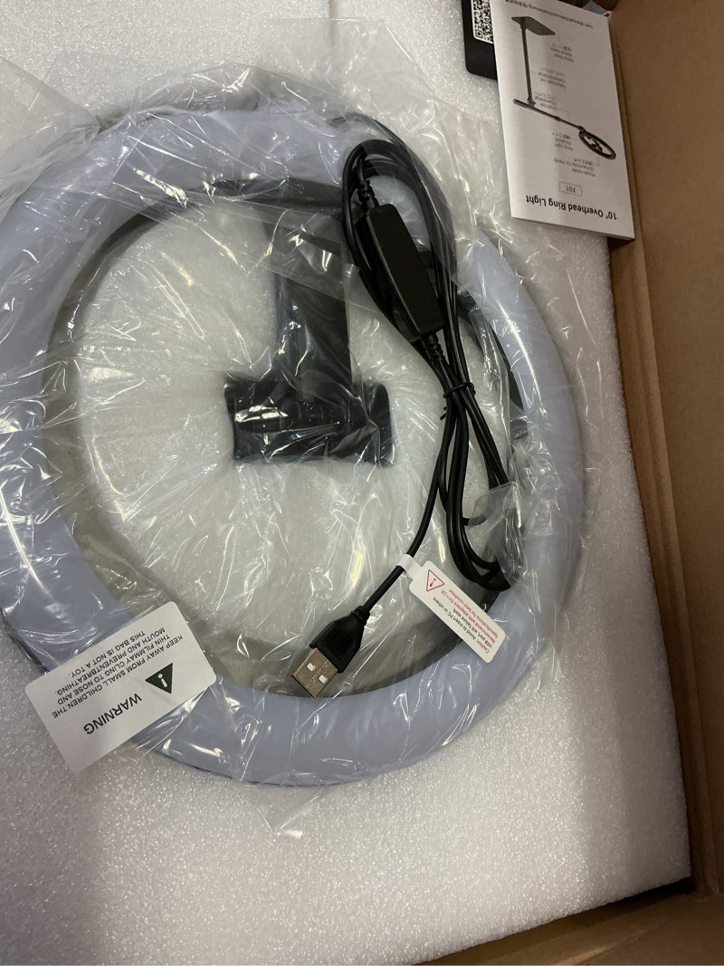 Condition photo showing New/Like New for ring light with stand for desk,adjustable overhead phone mount with 10" ring light tripod for iphone,phone tripod with light and remote phones holder for video recording,live stream,cooking video