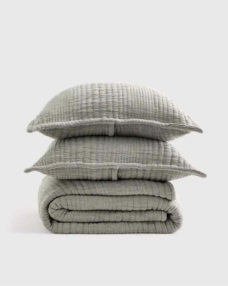 Organic Cotton Channel Stitch Coverlet Set, Full/Queen, Green