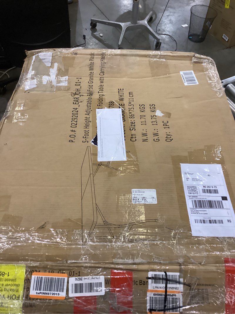 Condition photo showing As Is for Flash Furniture Kathryn 5' Rectangular Plastic Folding Event Table with Carrying Handle, Bi-Fold Portable Banquet Table for Indoor/Outdoor Events, White, 27.25"D x 60"W x 34"H