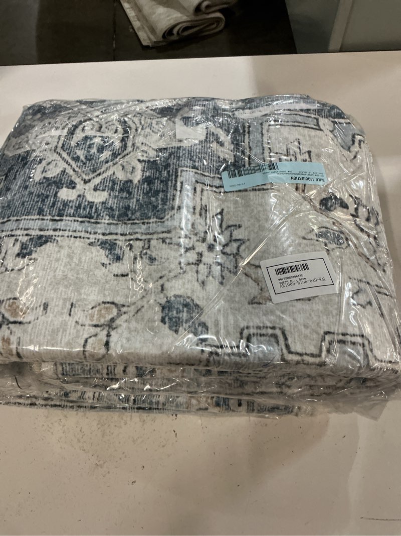 Condition photo showing New/Like New for kueth modern 6x9 area rugs for living room, non slip machine washable retro rugs, low pile chenille print rug for bedroom, dining room, home office, blue