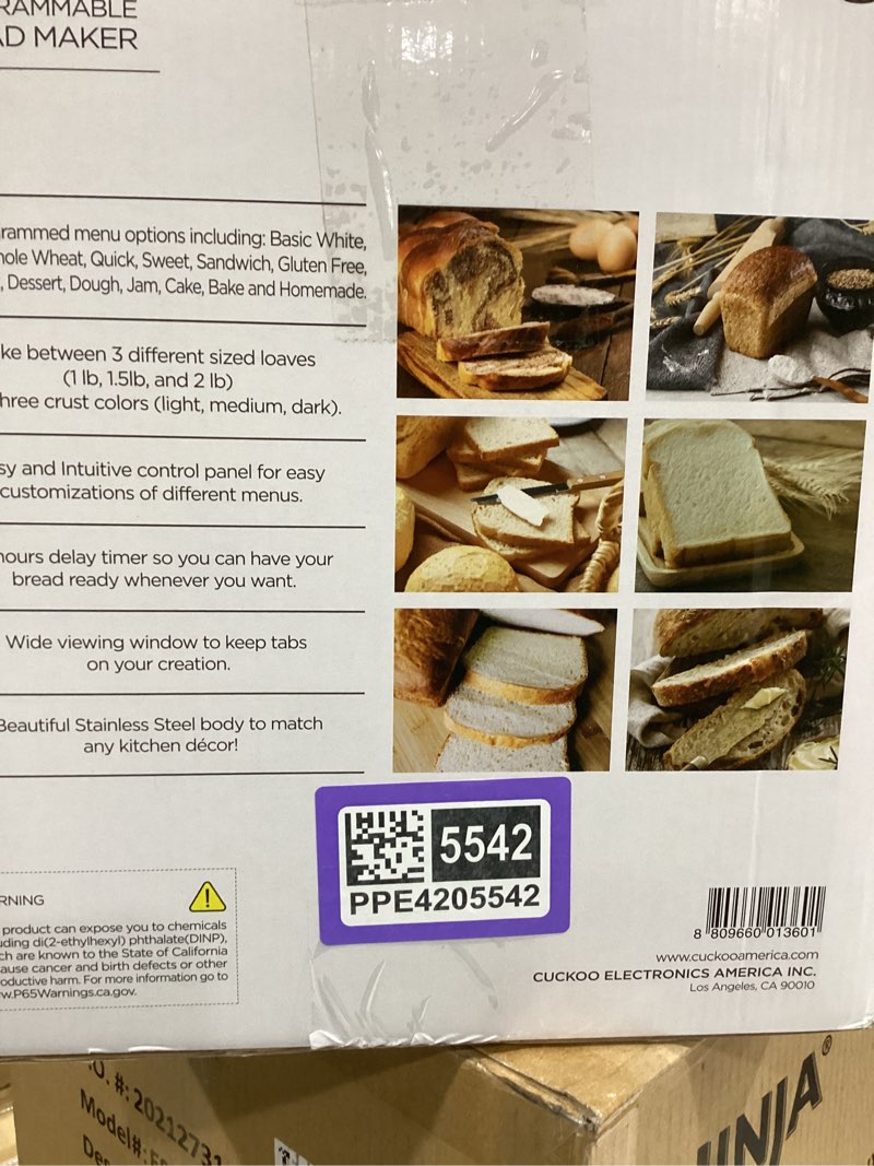 Condition photo showing As Is for cuckoo bread maker machine with 15 menu options + 3 crust colors, 2 lbs bread machine with automatic fruit & nut dispenser, includes 6 accessories, ideal breadmaker for sourdough (cbm-aab101s)