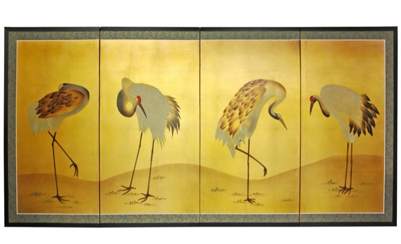 Oriental Furniture Gold Leaf Cranes  36 H x 72 W  Gold leaf  hand painted  Oriental  Traditional  Unique pieces