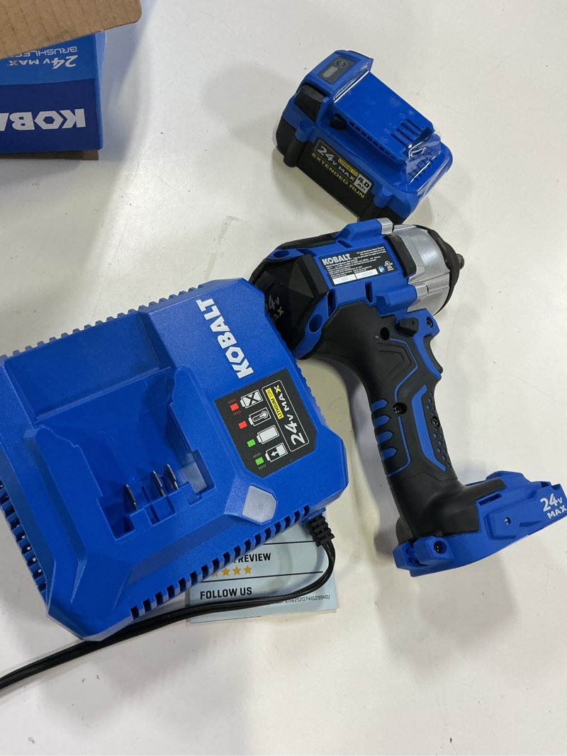 Condition photo showing As Is for kobalt 24-volt variable brushless 1/2-in drive cordless impact wrench (battery and charger included)