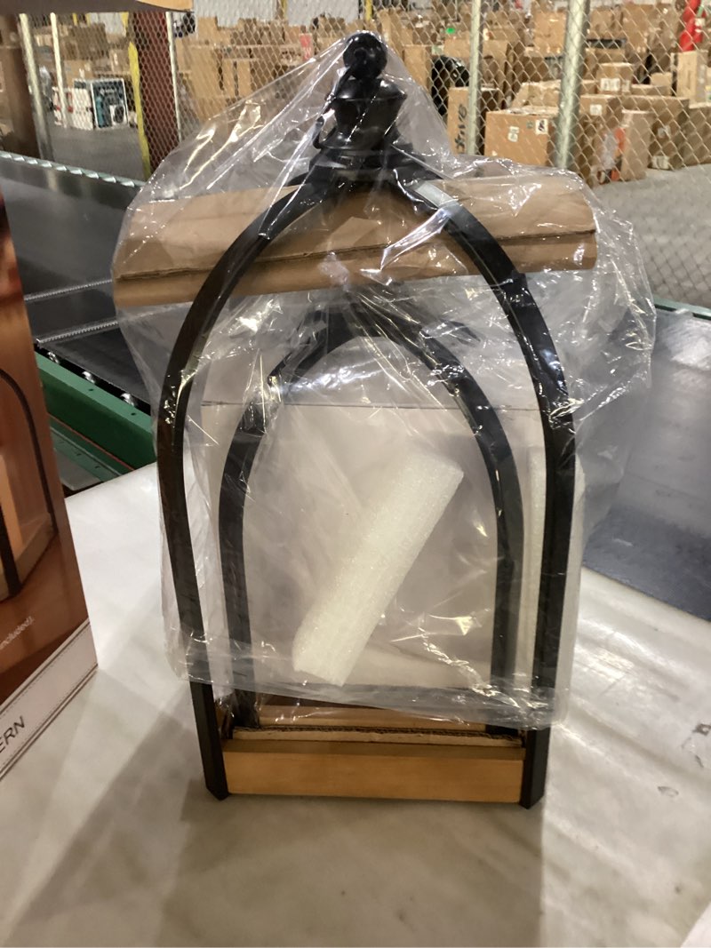 Condition photo showing New/Like New for Extra Large Modern Farmhouse Lanterns Decor Set of 2–Black Metal Candle Lanterns, Wooden Lanterns Decorative w/Timer & Remote-Controlled Flickering Candles for Home, Table, Fireplace Mantle.