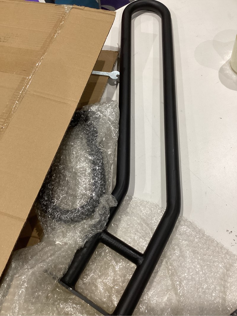 Condition photo showing Good Condition for 31.5"-9.5" l x 35.5" h single post wrought iron handrails for outdoor 1-3 steps, outdoor stair railing for steps, handrail for garage entrance, porch (black)