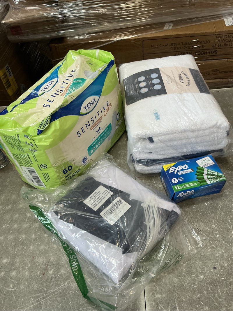 Assorted products that include women’s igiemic toiletries, 4 of July decoration, includes bath towels and blackboard markers.
