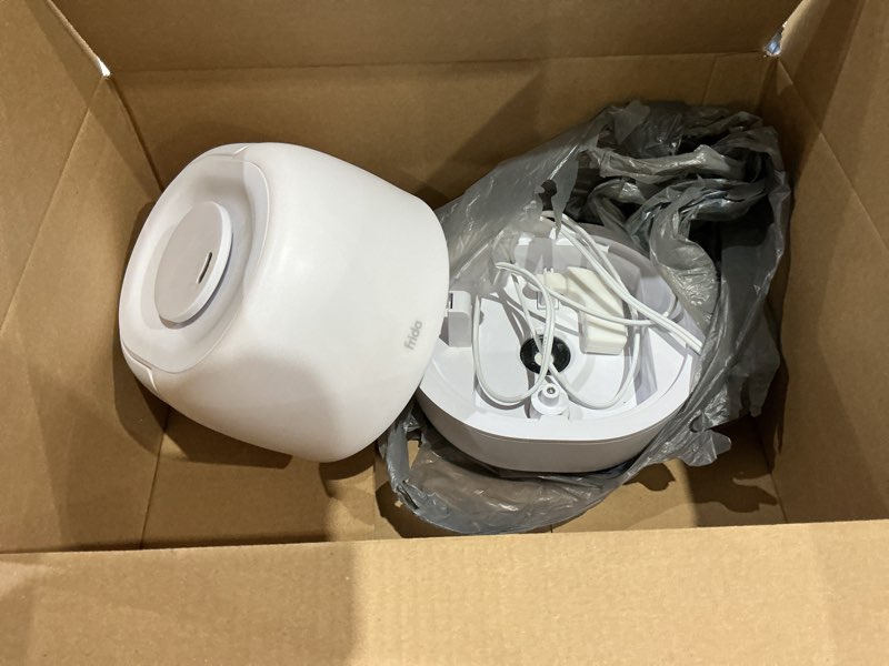 Condition photo showing As Is for frida baby 3-in-1 cool mist humidifier for large rooms, top fill humidifier for bedroom, allergy relief, 60 hour runtime + nightlight, auto shut-off, quiet, carry handle, essential oil diffuser