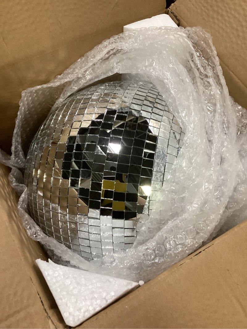Condition photo showing Good Condition for Disco Ball - 12 Inch Mirrored Discos Balls, Large Disco Bal, Rotating Ball for Party Designs, Weddings, Home Decor, Silver Hanging Discos Balls. 12inch