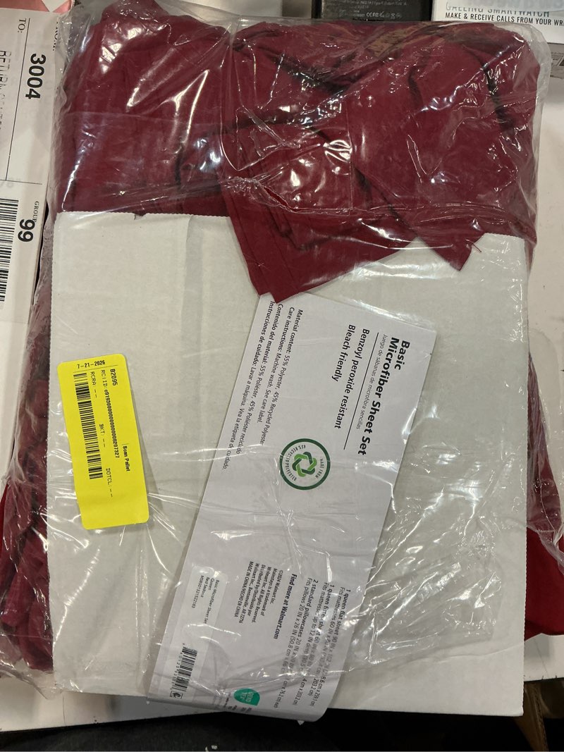 Condition photo showing As Is for mainstays basic value microfiber bed sheet set  red sedona  queen  4 piece
