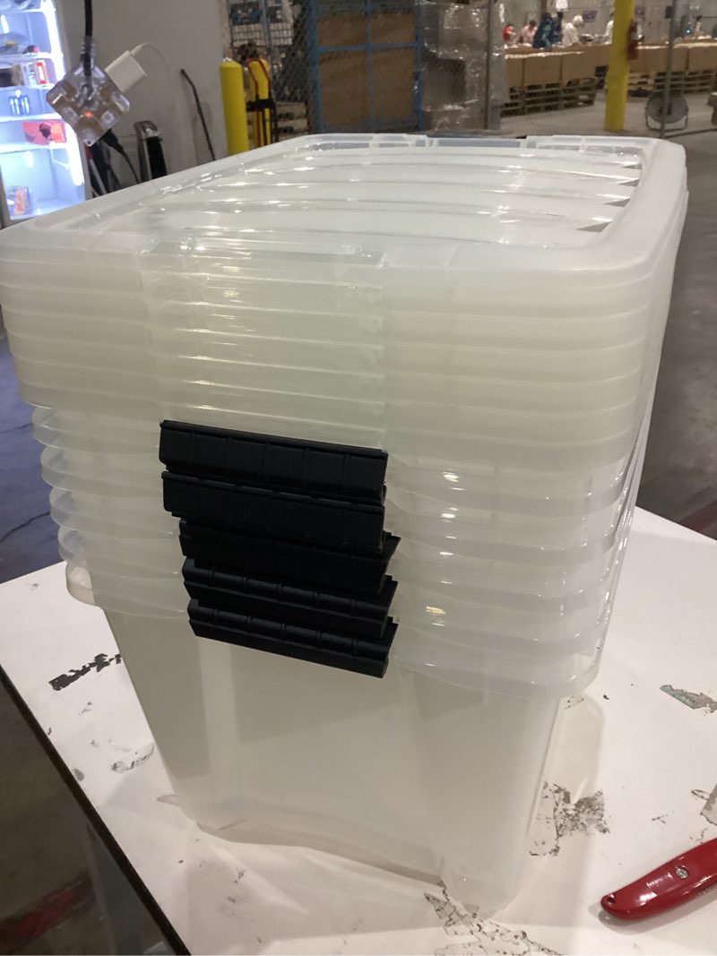 Condition photo showing As Is for iris usa 32 qt stackable plastic storage bins with lids, 6 pack - bpa-free, made in usa - discreet organizing solution, latches, durable nestable containers, secure pull handle - pearl