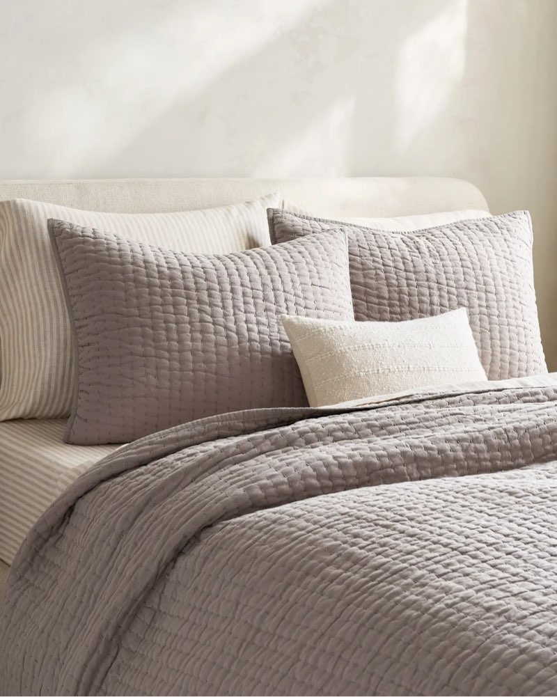 quince european linen cotton stitch quilt queen set  stone