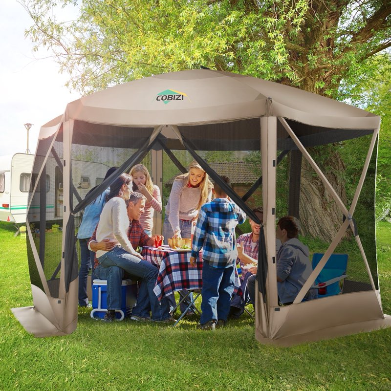 HOTEEL Pop Up Gazebo Outdoor Canopy Camping Tent With Mosquito Netting Walls, Waterproof, UV Resistant, Easy Set-Up Party Tent For Shade And Rain, With Carry Bag, Ground Spike, Beige ( unknown size) 