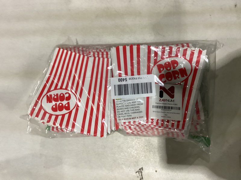 Condition photo showing As Is for 100 pcs small popcorn boxes for party 5.5 inches tall red & white striped popcorn bags mini popcorn buckets & popcorn bowl for movie theater, home, carnival decorations (100)