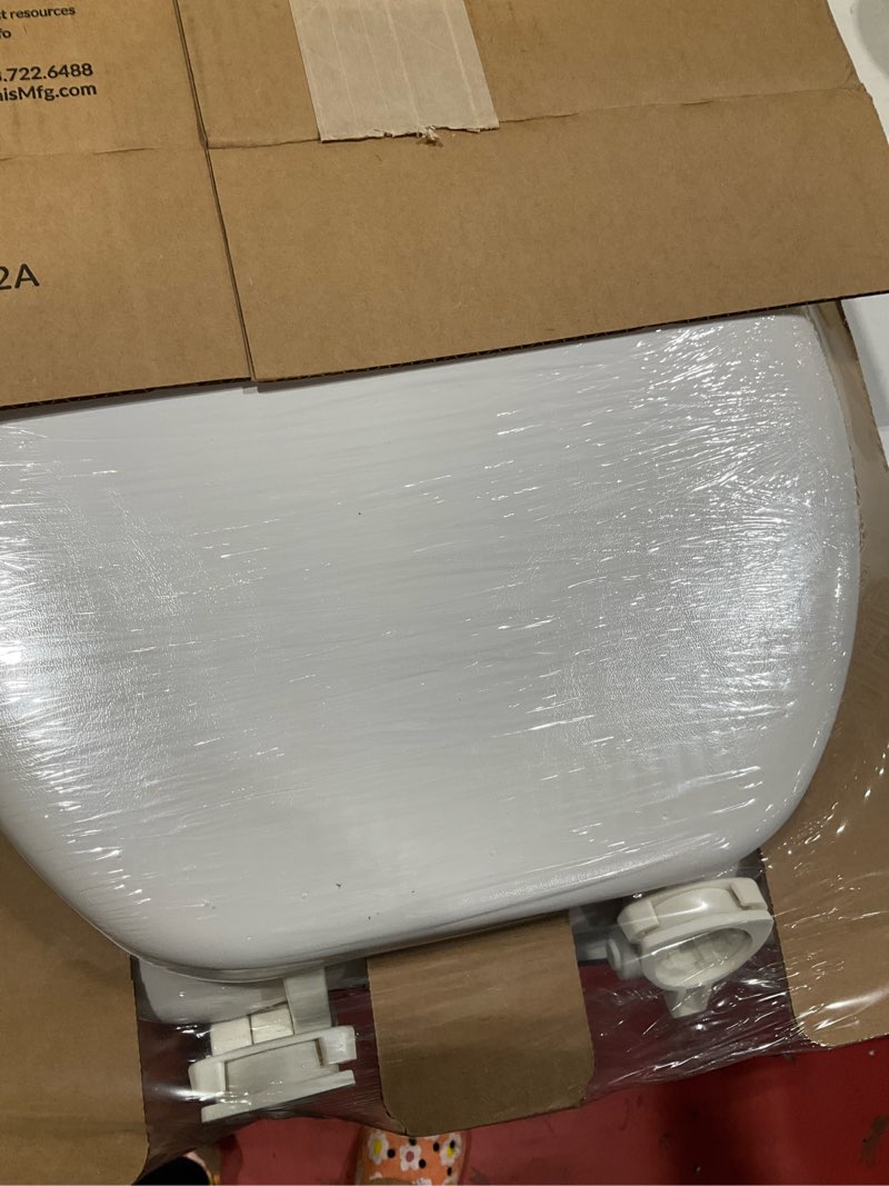 Condition photo showing Good Condition for mayfair padded toilet seat, cushioned soft vinyl over wood core seat, secure hinges, easy clean, made in usa, round, biscuit round biscuit/linen toilet seat