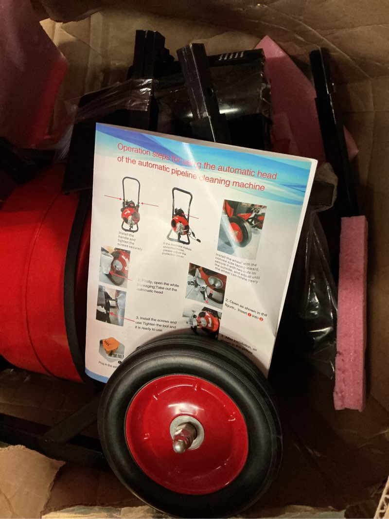 Condition photo showing As Is for 100ft 1/2 inch cable drain cleaner machine , 450w auto feed portable electric sewer snake with 6 cutter air-activated foot switch for 2" to 4" pipes