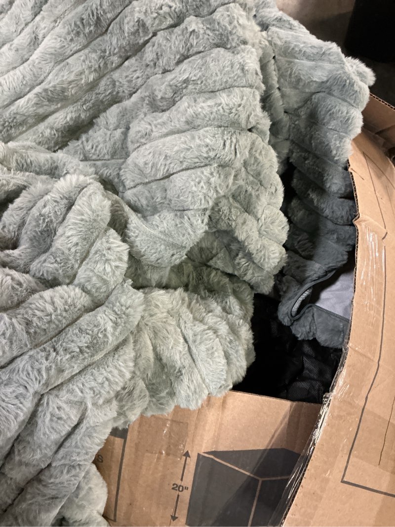 Condition photo showing As Is for higogogo round stuffed pouf ottoman, stripe faux fur poufs with foam chunk filling, furry and fluffy pouf foot stool storage ottoman, 26 x 18 floor poufs foot rest for living room, grey 26 inch grey