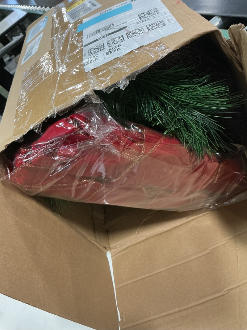 Condition photo showing New/Like New for 4 Pack Christmas Window Swags 33 Inch Christmas Mailbox Swags with Red Velvet Bow Greenery Window Swag Outdoor for Front Door Lintel Mantel Wall Home Decor