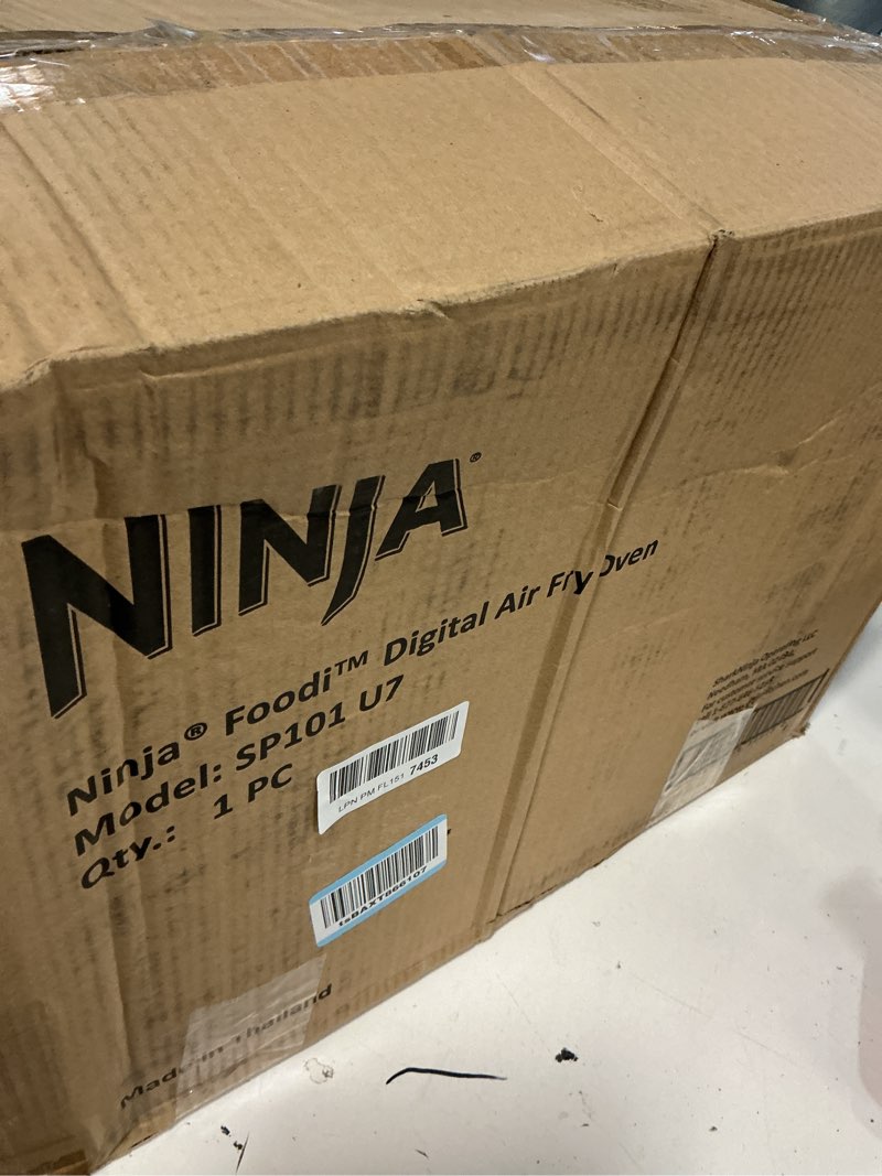 Condition photo showing As Is for ninja digital air fry countertop oven, 8-in-1 functionality, 1800w, flip-up design, xl capacity, air fry basket, wire rack & crumb tray, silver, sp101 8-in-1 flip oven