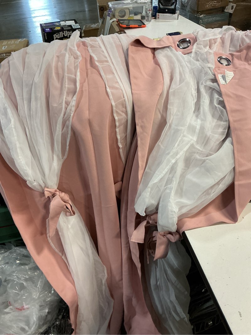 Condition photo showing As Is for pony dance pink curtains for nursery, double layer bow curtains with ruffle sheer overlay for girls bedroom,cute shabby chic room darkening drapes in coquette style,blush pink,52x84 inch, 2 pcs 52"w x 84"l (pack of 2) blush pink