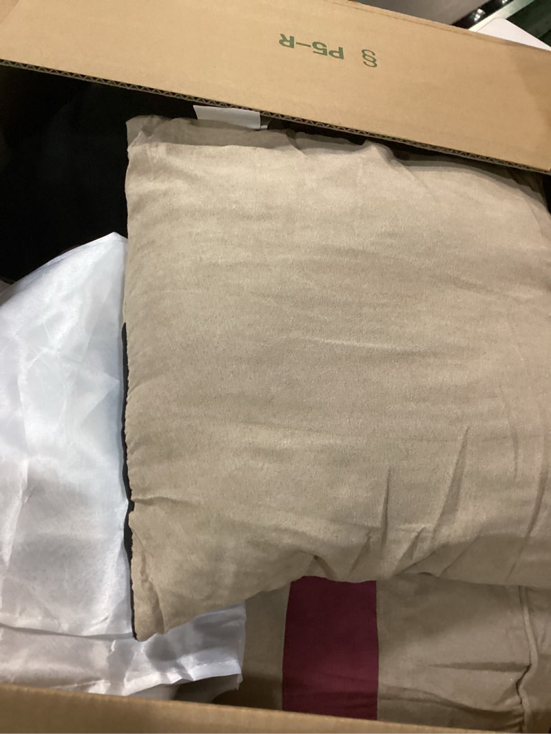 Condition photo showing As Is for Grand Linen 7 Piece Burgundy Brown Black Bed in a Bag Micro Suede King Comforter Set with Accent Pil