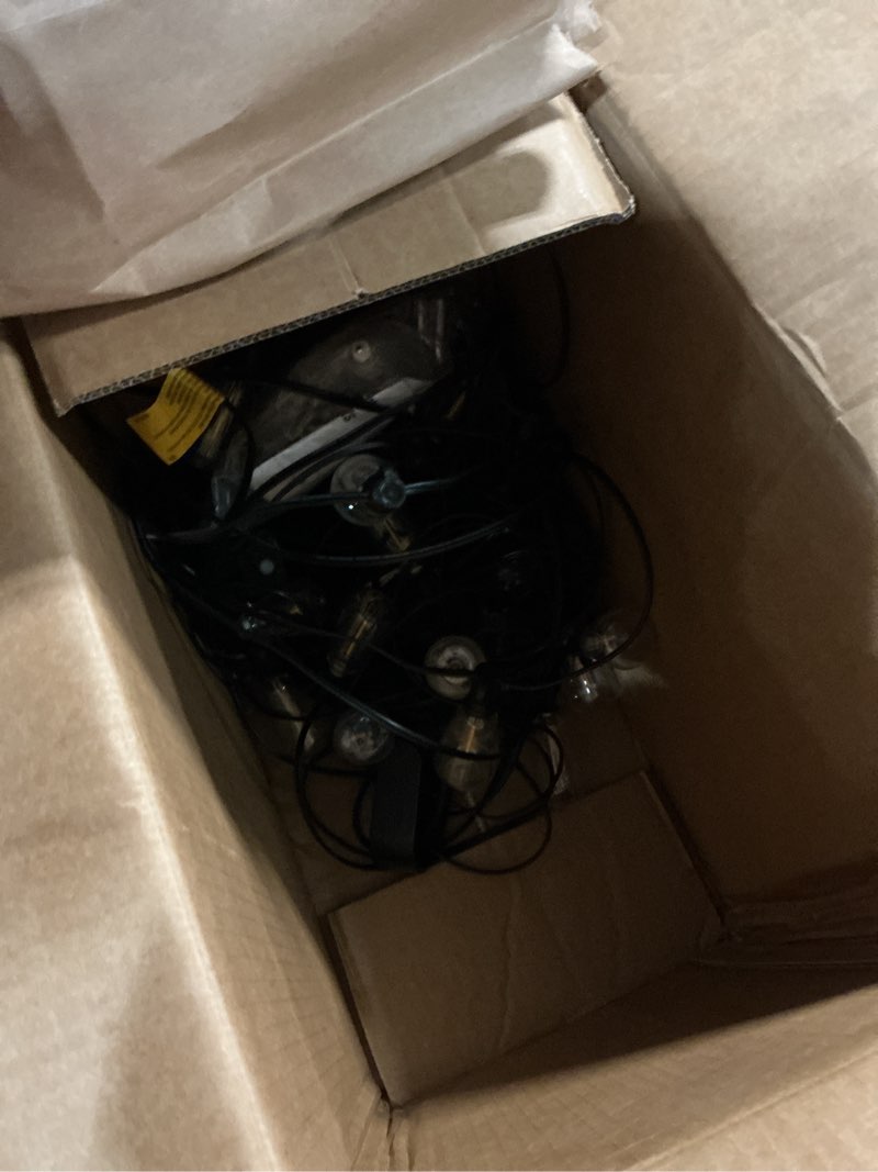Condition photo showing As Is for addlon 100ft led outdoor string lights with remote waterproof patio lights with shatterproof st38 replaceable bulbs, dimmable outside hanging light connectable for porch, backyard, 2200k 100ft(30 sockets)