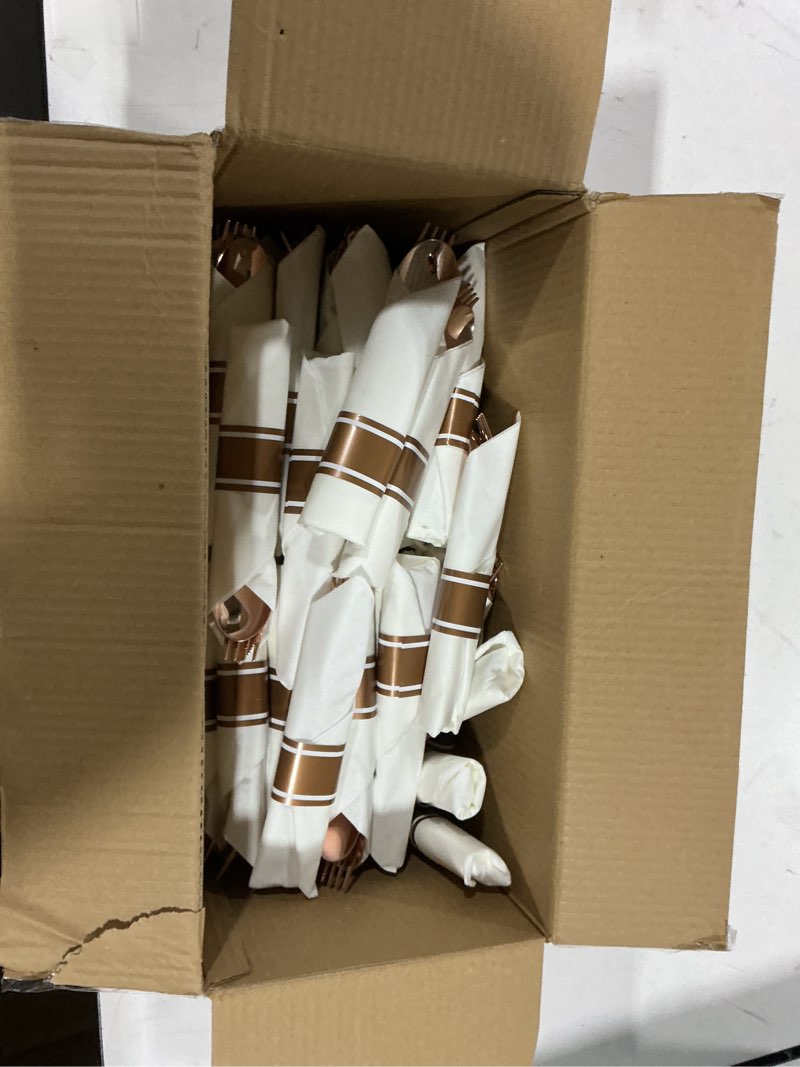 Condition photo showing As Is for supernal 100pack rose gold plastic silverware with napkins, prewrapped & rolled rose gold disposable utensils, elegant pink gold cutlery rolls for wedding, baby shower & party 100 pack rose gold
