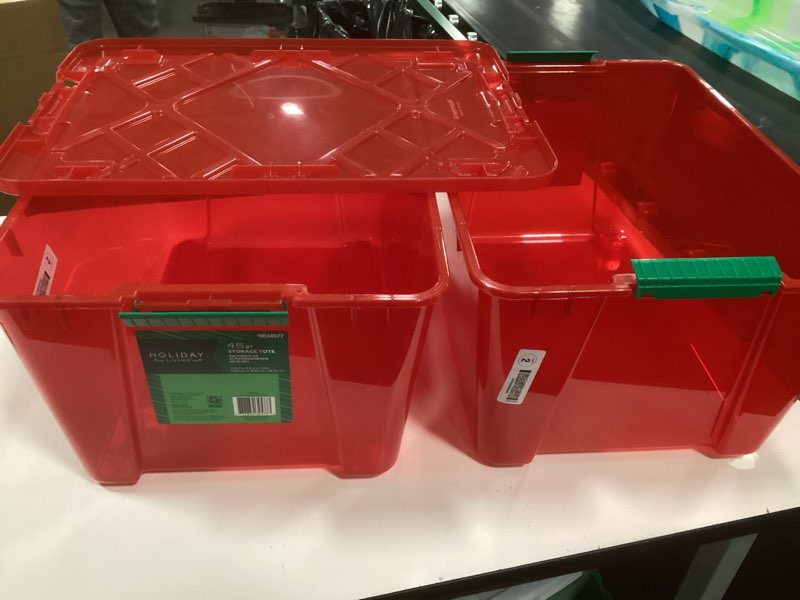 Condition photo showing As Is for Sterilite 45 Gallon Wheeled Latch Tote, Extra Large Plastic Christmas (2 Pck )