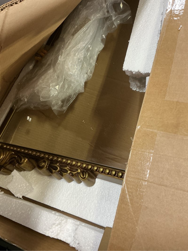 Condition photo showing Good Condition for Wall Beaded Mirror, 36 x 27 Inch Round Top Right Angle Wall Mirror, Tempered Glass, Rust Resistant, Horizontally or Vertically Hanging, Gold 27"L x 36"W Vintage Gold