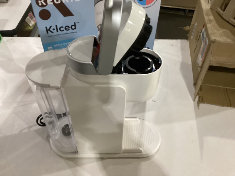 Condition photo showing As Is for not tested**** keurig k-iced coffee maker, single serve k-cup pod iced coffee maker, with hot and cold coffee capabilities, brews any k-cup pod, white