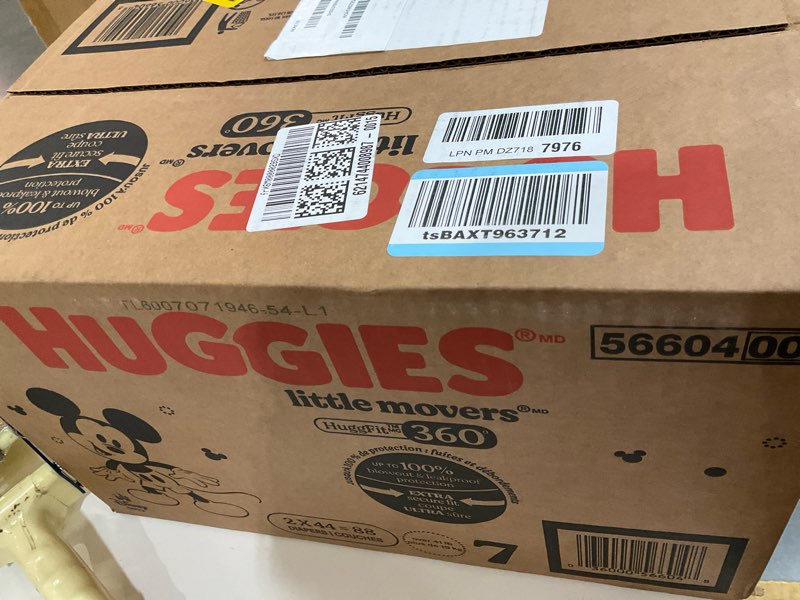 Condition photo showing Good Condition for huggies size 7 baby diapers, little movers huggfit 360° baby diapers with 360° waistband, size 7 (41+ lbs), 88 count (2 packs of 44), packaging may vary size 7 88