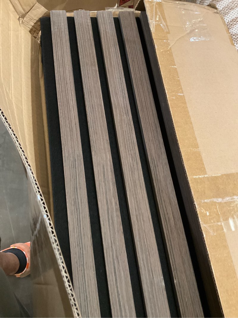 Condition photo showing As Is for acoustic wood slat panels 2 pack 106" x 12.6", soundproof wooden wall panels, 3d fluted panel for interior wall decor, living room, bedroom - teak (cover approx. 19 sq.ft) 106*25.2 inch teak