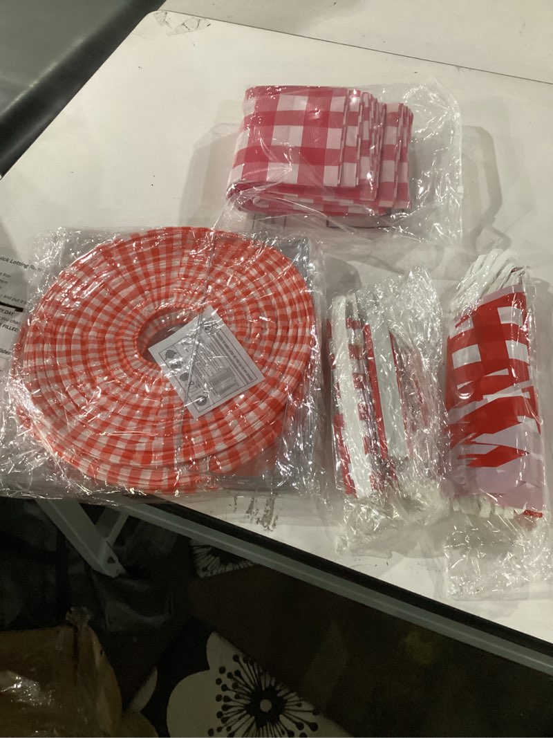 Condition photo showing Good Condition for moukeren 33 pcs picnic party decorations set paper lanterns red and white checkered gingham pennant banner with hanging paper fans tablecloth for carnival picnic bbq party supplies