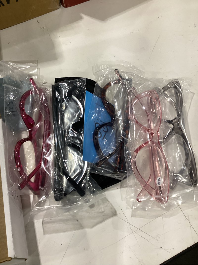 Condition photo showing As Is for missing 2 glass cases yogo vision reading glasses readers for women cateye eyeglasses and light spring hinge frame set of 5: black, grey, pink. hot pink, brown havana 2.0 x