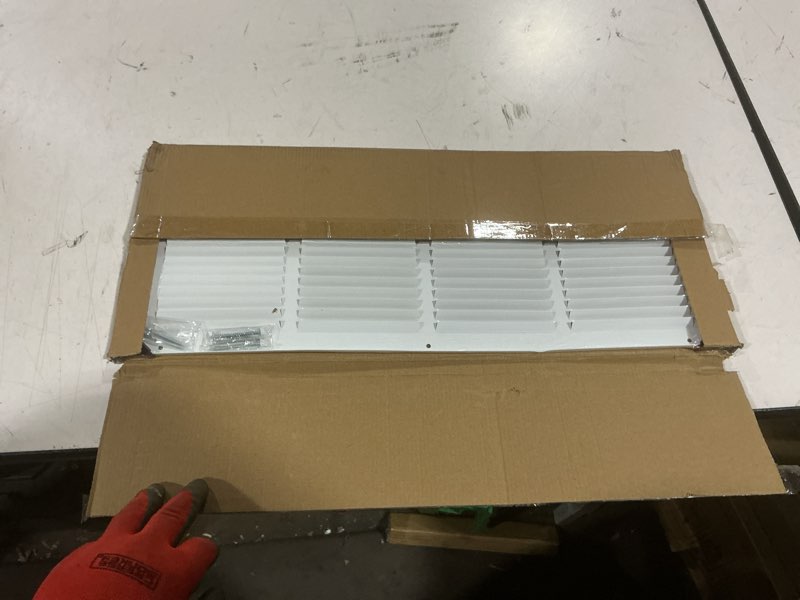 Condition photo showing As Is for hvac premium 22'' x 8'' [duct opening] flat stamped steel return air grille - sidewall and ceiling - hvac vent duct cover - white [outer dimensions: 23.75''w x 9.75''h] 22 x 8