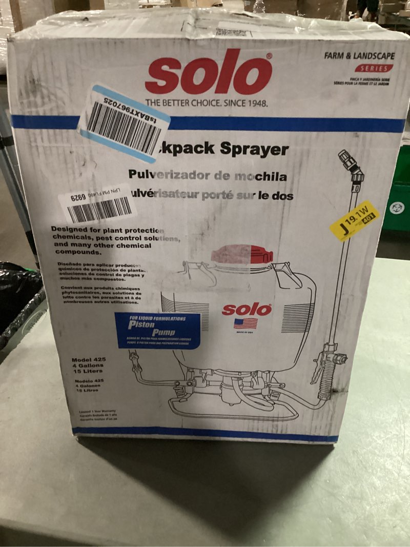 Condition photo showing As Is for solo 425 4-gallon piston backpack sprayer, wide pressure range up to 90 psi