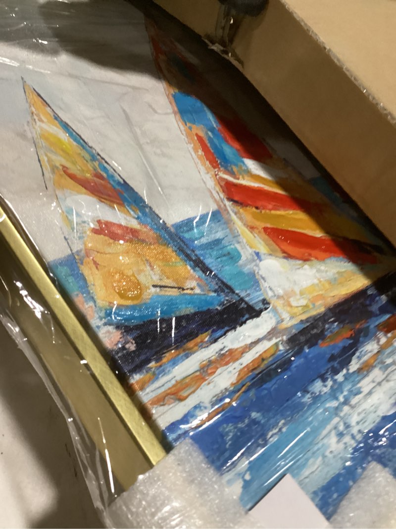 Condition photo showing Good Condition for yihui arts nautical canvas wall art - hand painted textured coastal painting with sailing ship and abstract beach - large floating framed artwork for living room, bedroom, and bathroom decor 32"l x 16"w color ship art