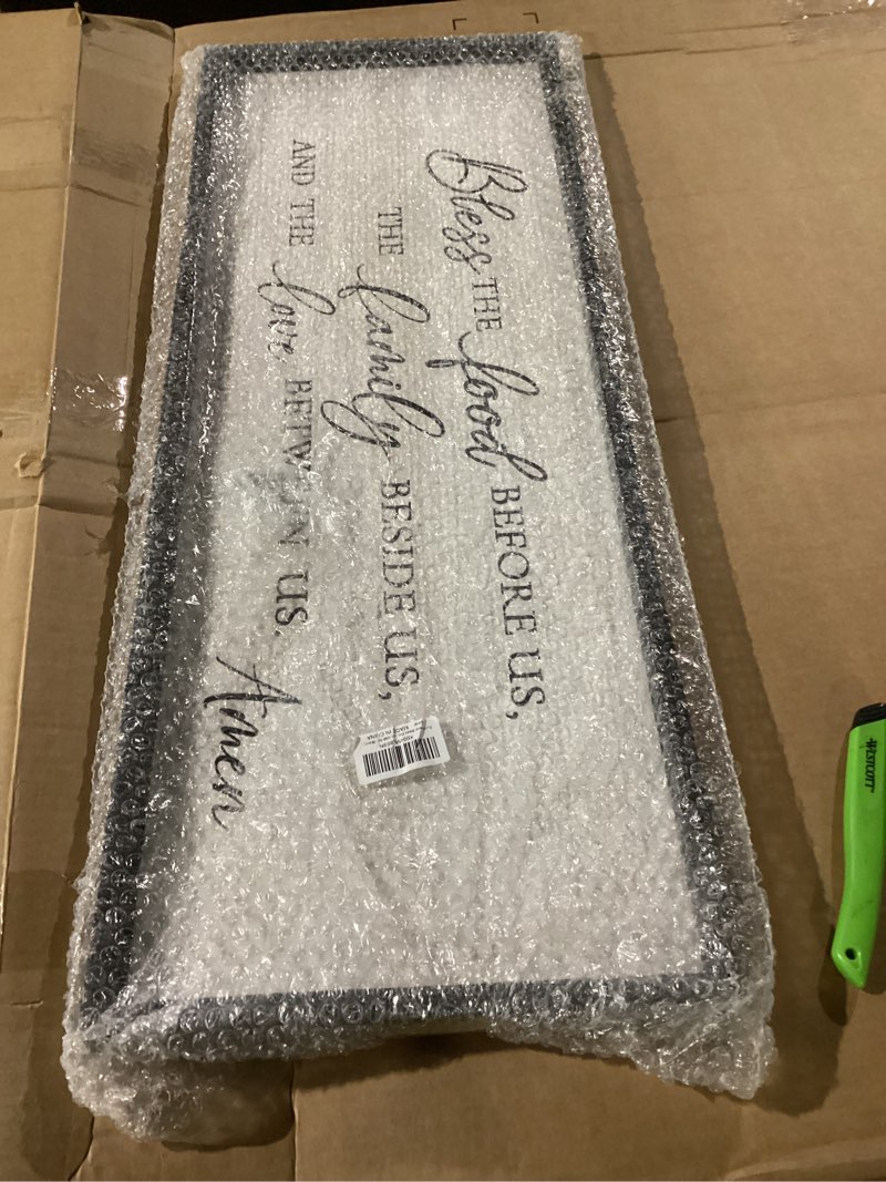 Condition photo showing Good Condition for Surfapans Bless the Food Before Us Wall Decor, 32"X12" Farmhouse Dining Room Family Kitchen Sign, Christian Bible Verse Scripture Vintage Home Framed Wood Wall Art (Black) 32"L x 12"W Bless the Food Before Us?Black)