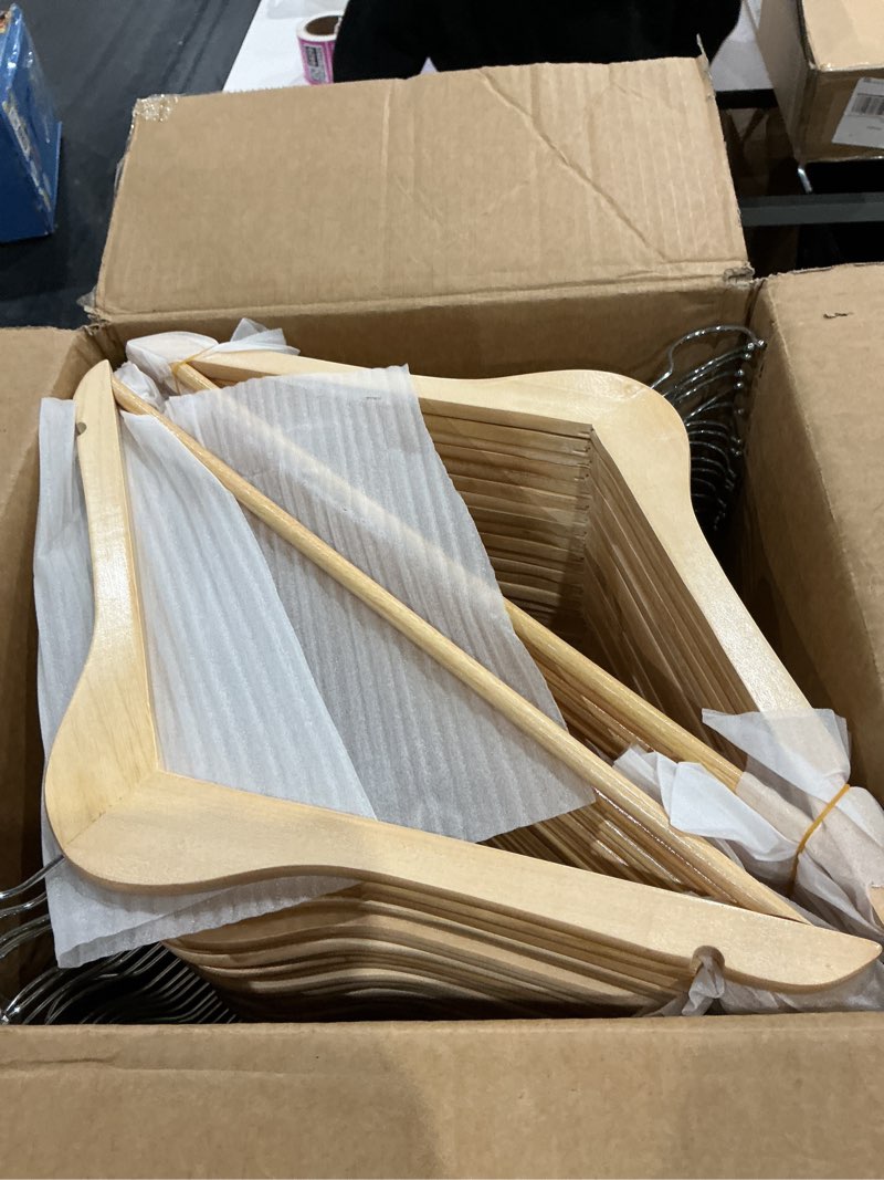 Condition photo showing Good Condition for wooden hangers 90 pack,heavy duty solid wooden clothes hangers with pant bar,360-degree rotatable hook,durable & slim wood hangers for coats,jackets,dress,pants(natural) natural 90