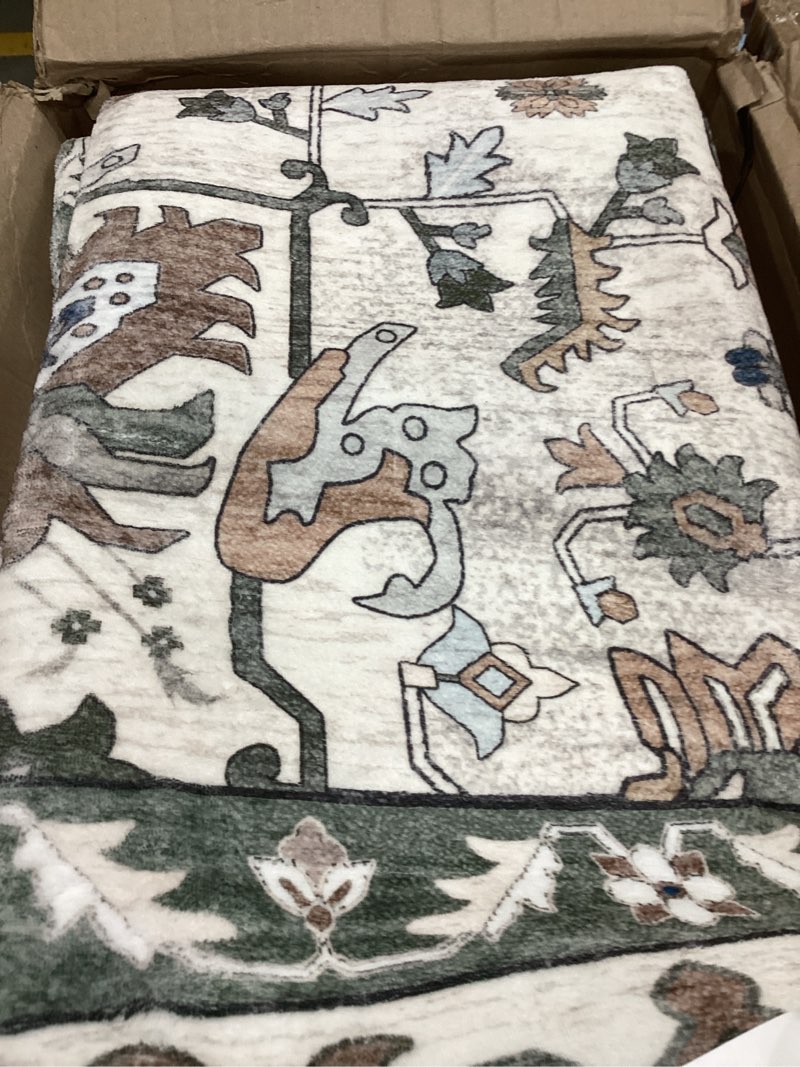 Condition photo showing Good Condition for area rugs living room: washable rug for bedroom green ivory | boho no slip stain resistant rug soft indoor decor floor floral 5x7 area rugs for dining room, nursery, hallway, home office green